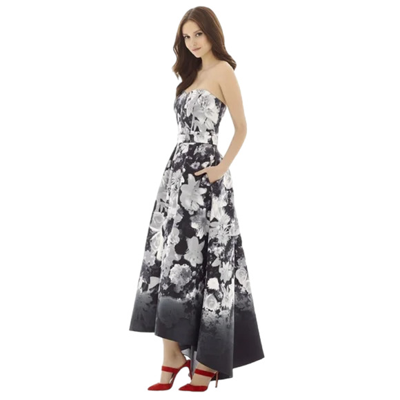 Alfred Sung D699FP Boho Floral Print Hi-Low Belted Bridesmaid Dress Size 16 - Picture 1 of 7